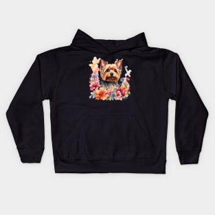 A yorkshire terrier decorated with beautiful watercolor flowers Kids Hoodie